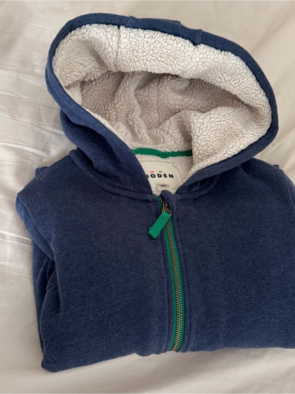 Boden Navy Zip Hoodie with Green Zipper and Cream Sherpa Hood